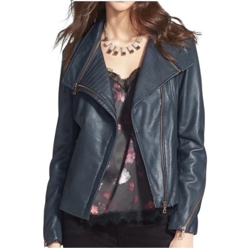 Sam Edelman Genuine Leather Moto Jacket Women’s XS Gray Stretch Sleeve Z…